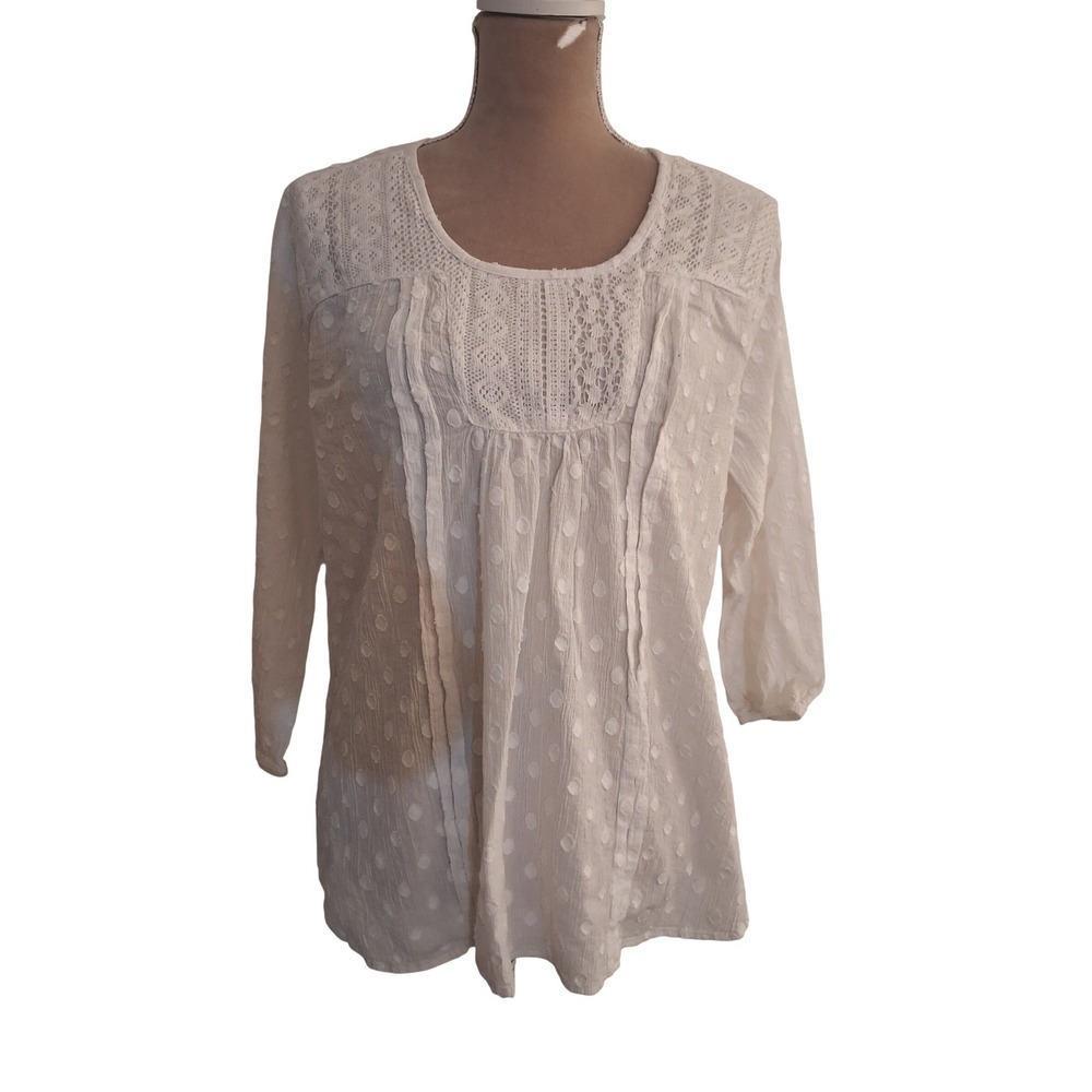 Life Style White Cotton Swiss Dot Lace Yoke Boho Blouse Top Medium